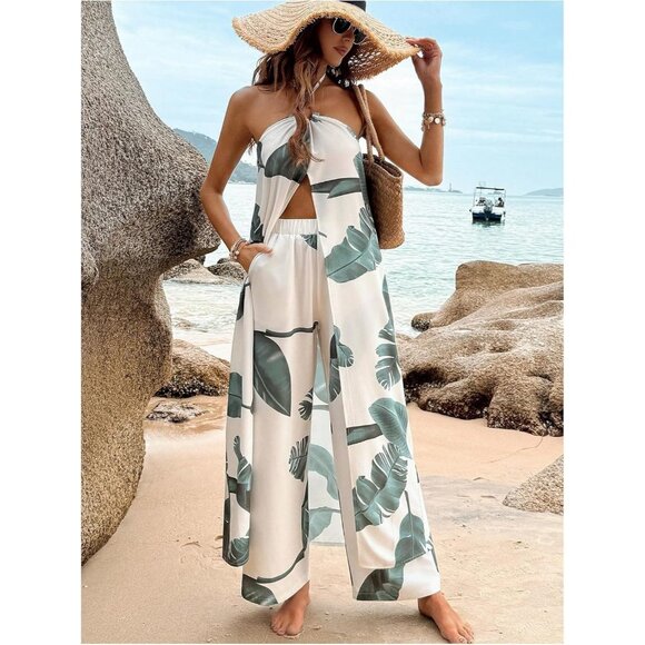 Shenhe Women Green White 100% Polyester Tropical 2 Piece Outfits Long Halter Top - Picture 6 of 7